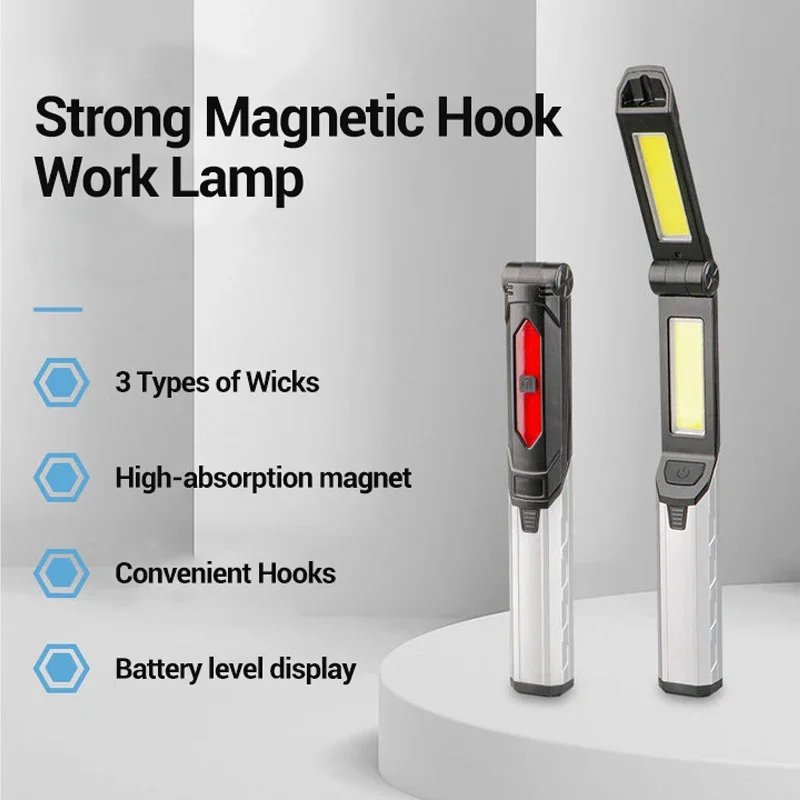 Luces de trabajo LED COB portátiles, batería integrada, linterna recargable por USB con gancho magnético, linterna plegable para acampar al aire libre