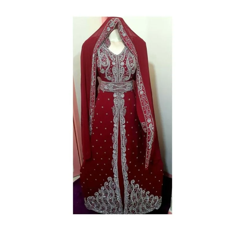 

Maroon African Attire Bridesmaid Abaya Long Maxi Formal Beaded Dubai Moroccan Kaftan