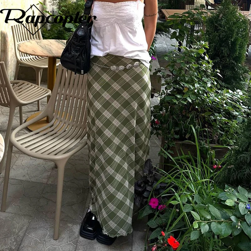 Rapcopter y2k Striped Plaid Midi Skirts Straight Vintage French Long Skirts Fairycore Holiday Prepply Outfits Green Harajuku 90s