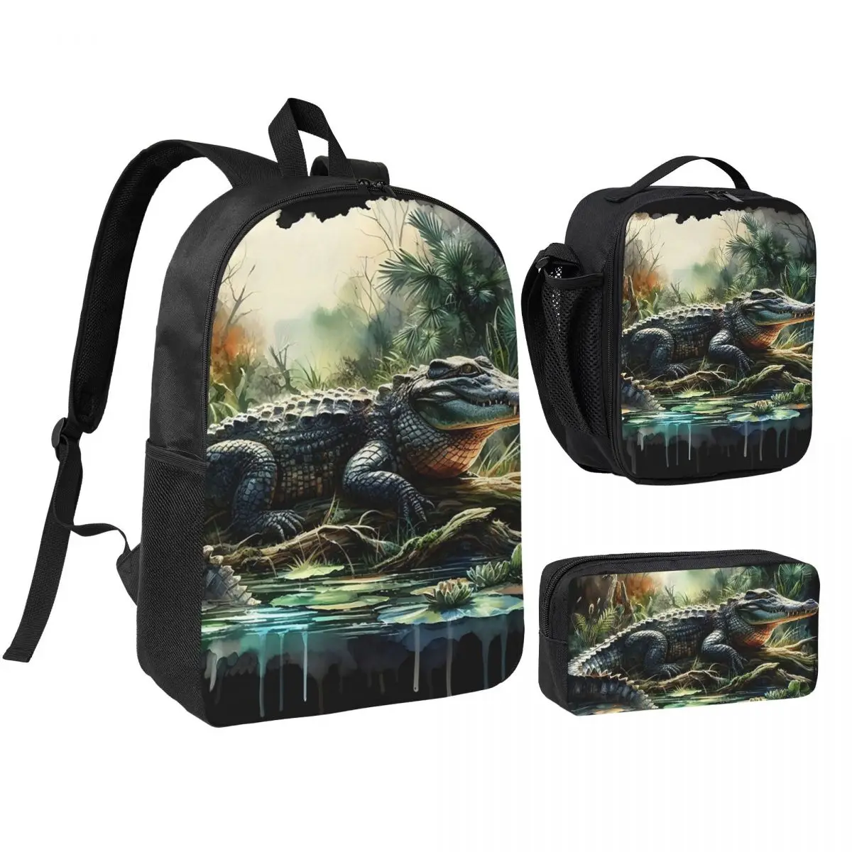 Alligator In The Pond Theme Realistic Backpack Boys Girls BookBag School Bag Shoulder Bags 3ps Insulated Lunch Bag Pencil Case