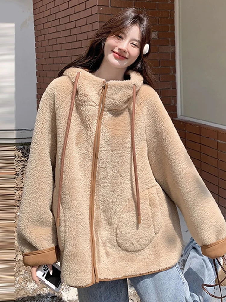 Korean Lazy Sle Hooded Lamb Fur Jaet Women's ort Warm Cotton Coat Zipper Casual Outerwear Spring Autumn Winter New Arrival