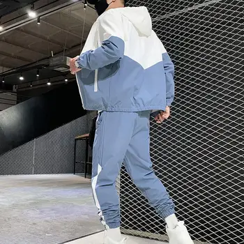 Herren-Mantel-Hosen-Set, Herren-Jacke, Hosen-Set, buntes Herren-Sportbekleidungsset mit Kapuze, Reißverschluss, Mantel, elastischer Bund für den Frühling
