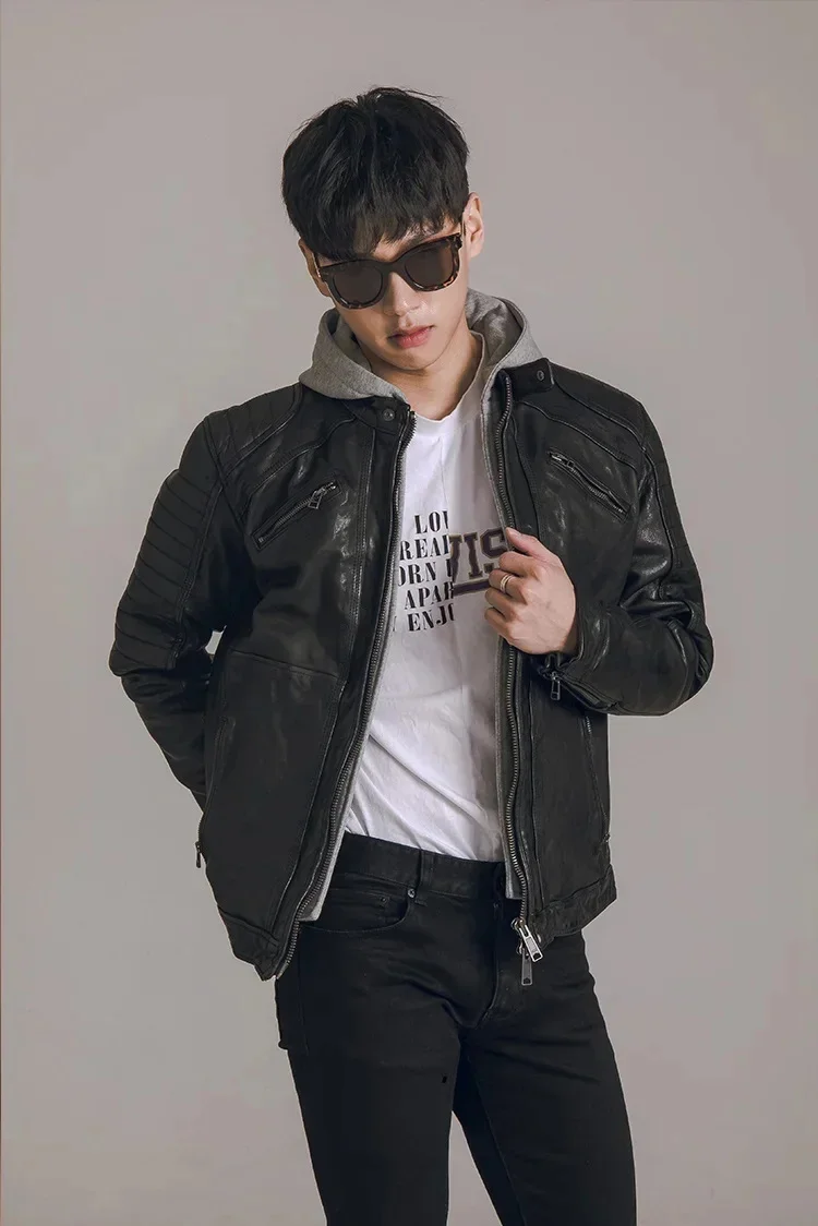 YR!Wholesales.Autumn popular young men vintage genuine leather jacket.Korea tanned sheepskin coat,Luxury cloth