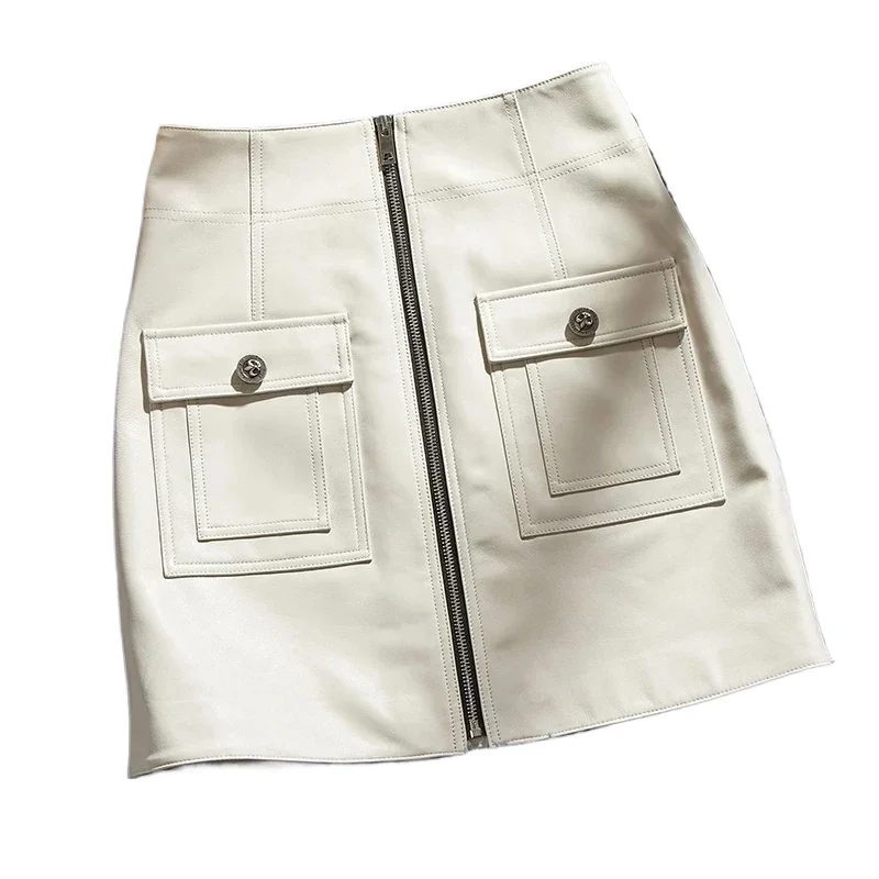 

2024 Genuine Leather Skirts for Women Korean Fashion Clothing High Waist A Line Skirt Black Skirts Streetwear femme