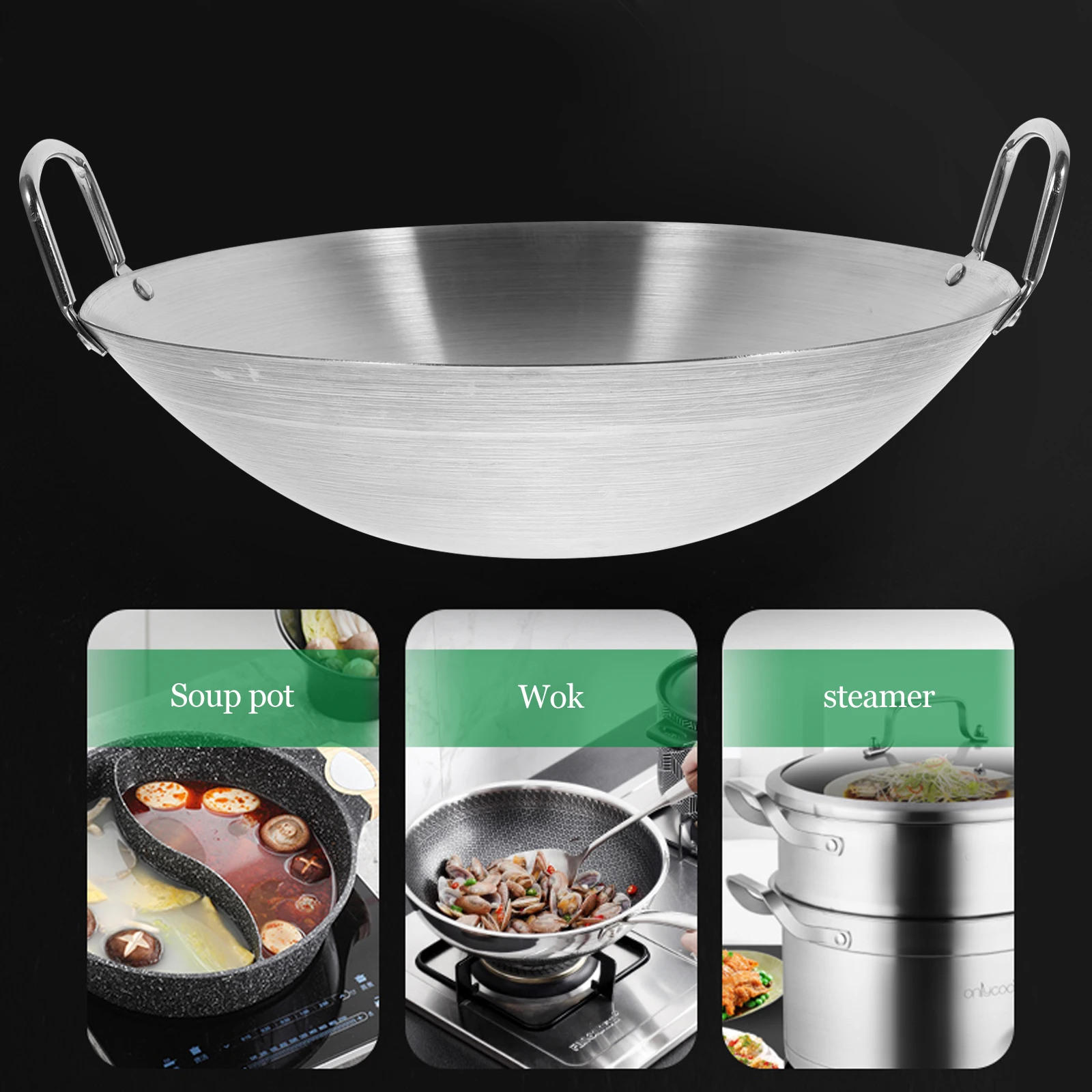 Double-ear Frying Pan Stainless Steel Wok Uncoated Round Bottom Wok Large FryPan durable Saute Pan home Gas Stoves universal Wok