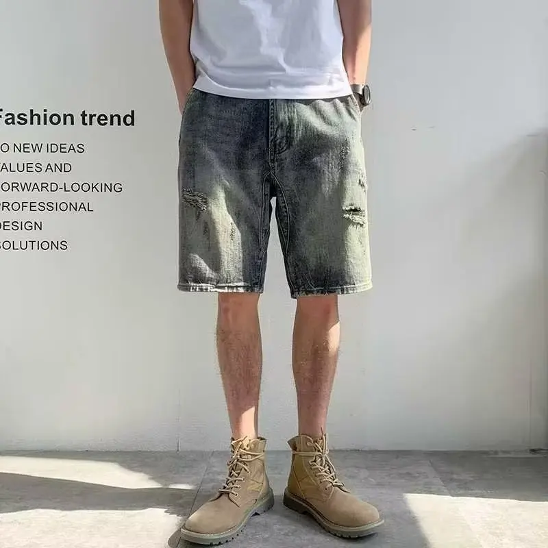 

Ripped Five-Point Men's Jeans Casual Loose Straight Leg Workwear Vintage Summer Shorts Trendy Brand Cotton High Waist Button ...