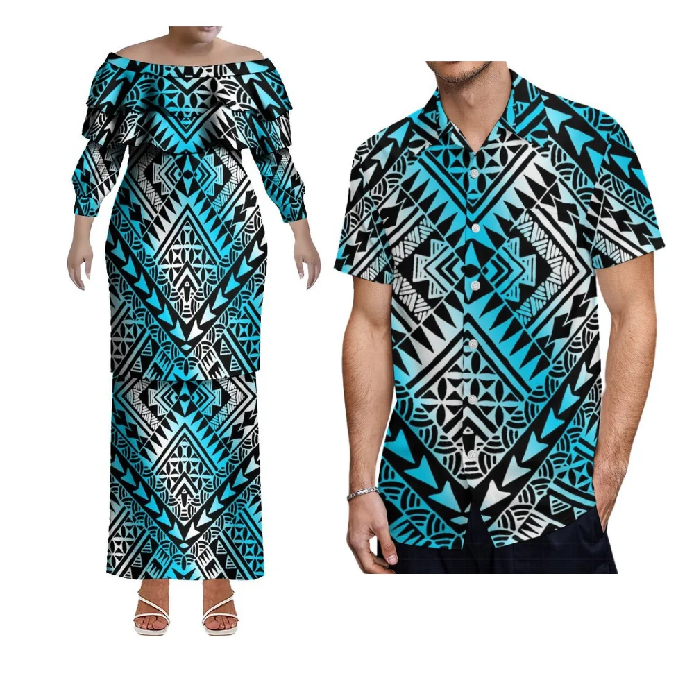 폴리네시안 아일랜드 스타일 커플 세트 3D 프린팅 플로럴 풀레타시 여성용 투피스 세트 & 남성용 반팔 셔츠