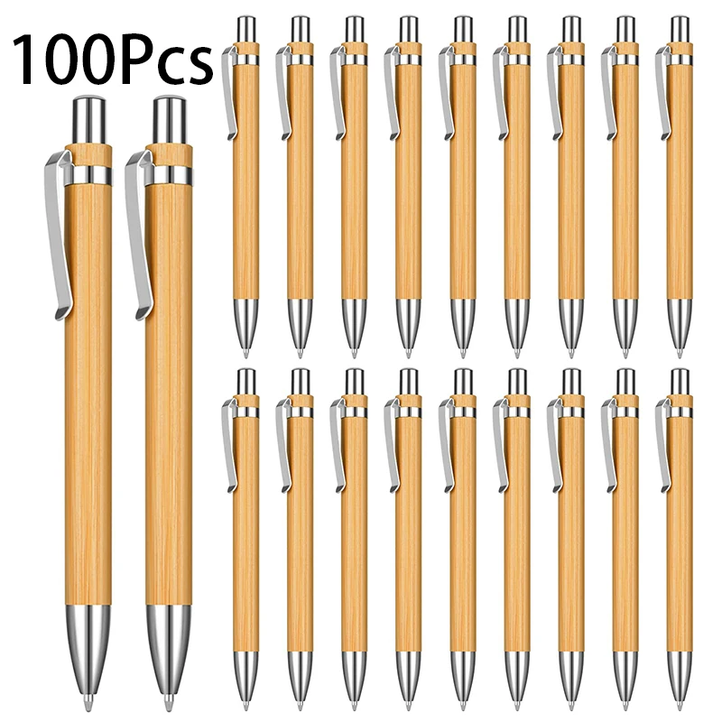 100Pcs Bamboo Pens Natural Wood Retractable Bamboo Pens