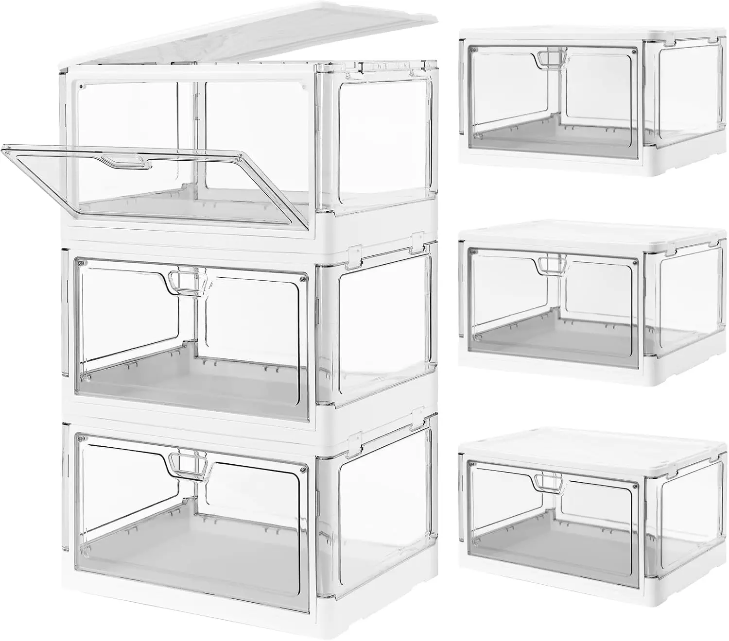 3-Pack Clear Stackable Storage Bins with Lids Magnetic Doors Open Front Foldable Folding Plastic Craft Containers Large Closet