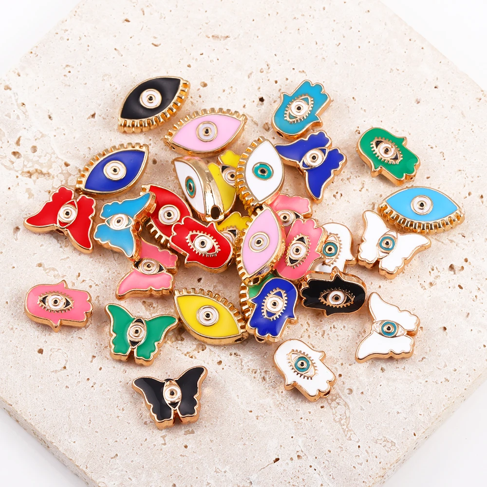 15Pcs Colorful Drop Oil Fatima Palm Butterfly Shape Demon Eye Space Bead Charm for Jewelry Making Bracelet Necklace Accessories