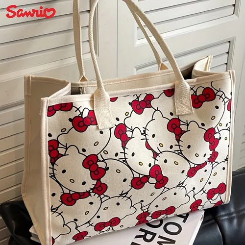 MINISO 산리오 헬로 키티 캔버스 핸드백, 대용량 지퍼 숄더백, 경량 귀여운 패션 직조 토트백 