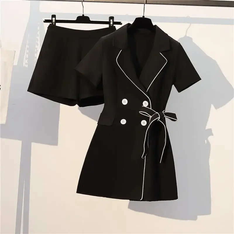 Korean black temperament dress shorts suit women's summer new fashion plus size Joker slim belt casual two-piece suit.