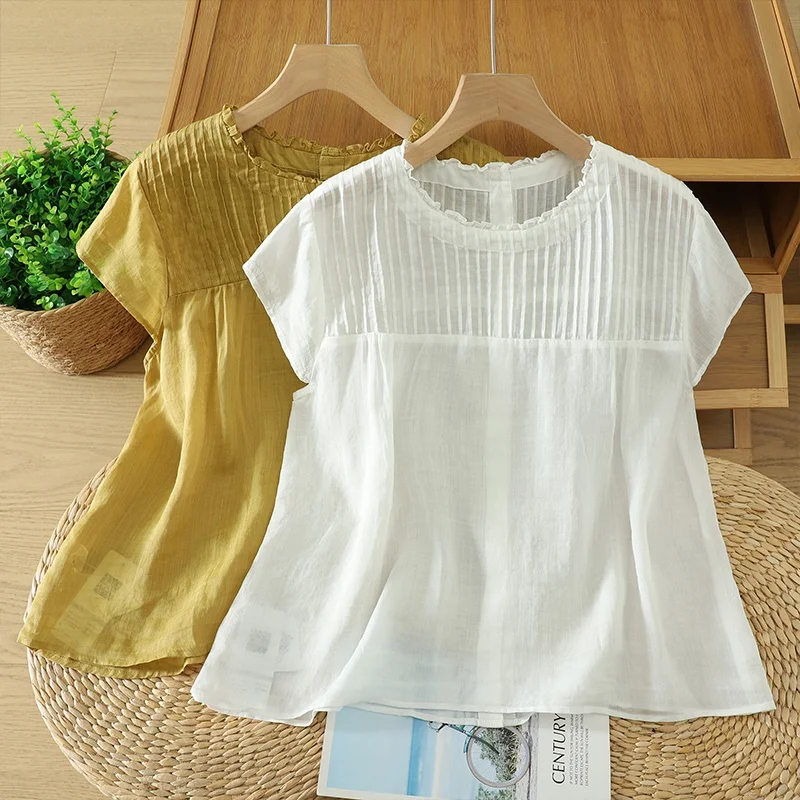 

Women's plus Size Cotton Linen Shirt Summer New round Neck Short Sleeve Pure Color Outerwear Loose Fit Commute Style