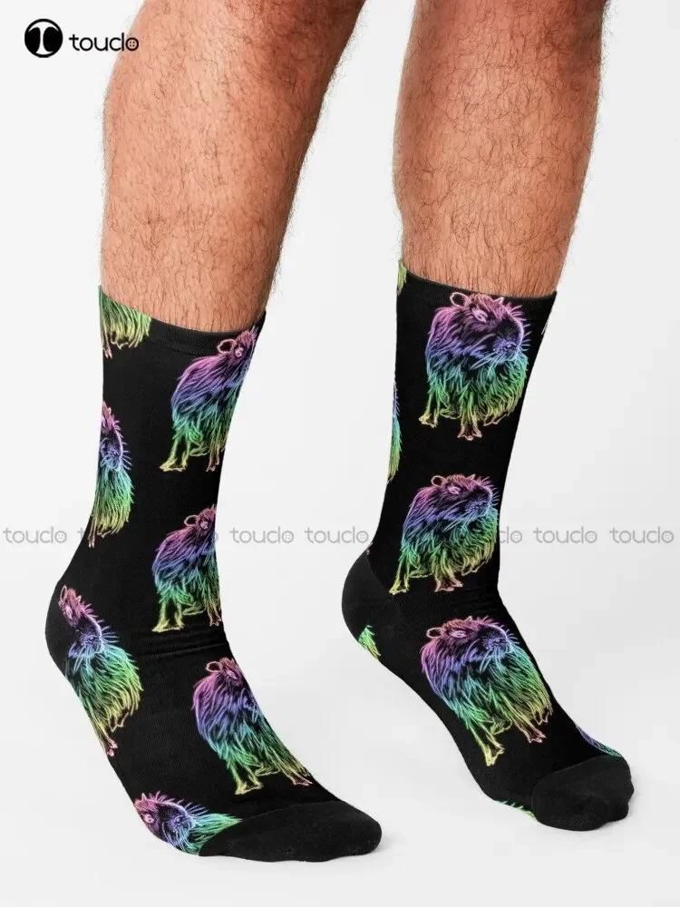 Neon Rainbow Glowing Capybara Socks High Socks Personalized Custom Unisex Adult Teen Youth Socks 360° Digital Print Custom Gift