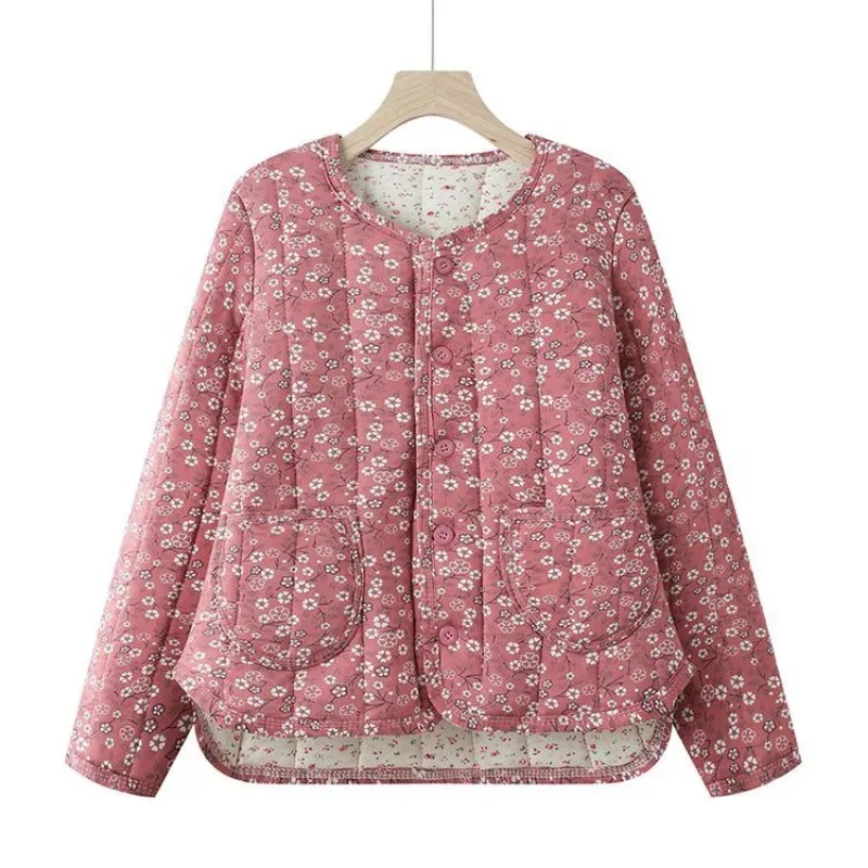 Autumn and Winter Round Neck Buttoned Cardigan with Floral Contrasting Print Fashionable Casual Pocket Top