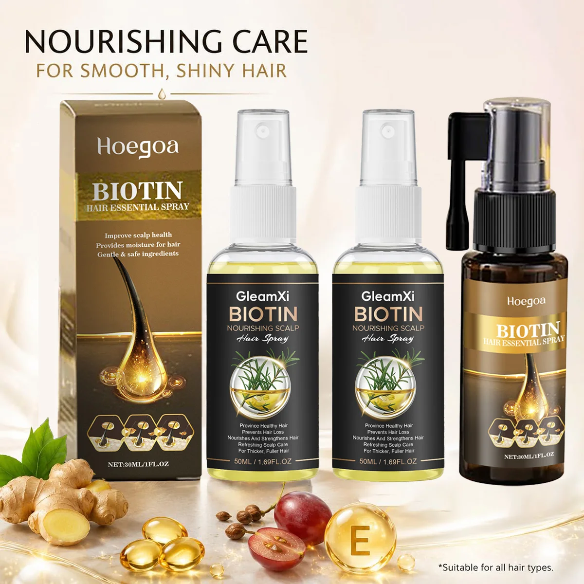Biotin-Haarserum-Spray, Leave-in-Haarpflegeserum mit Ingwerextrakt, Traubenkernöl und Vitamin E, leichtes, nicht fettendes Haarspray