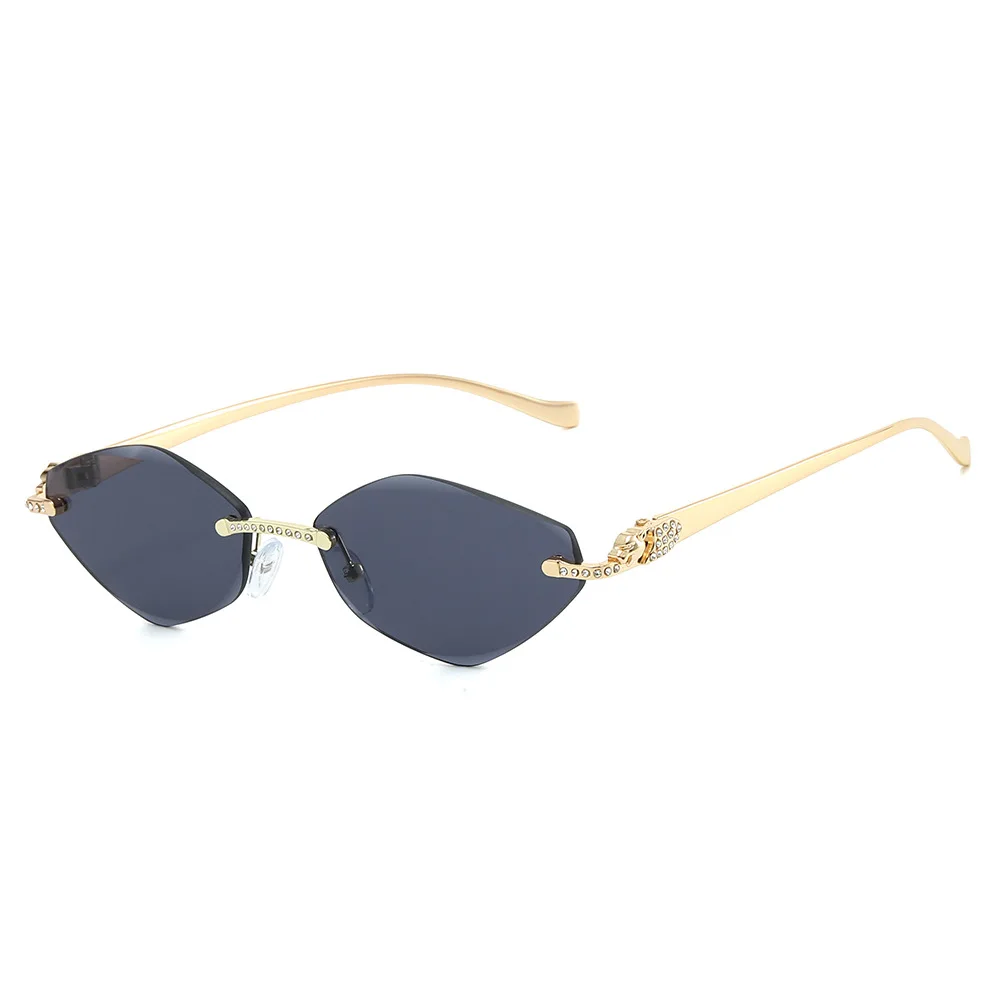 Neue Ins-Famous randlose Cat-Eye-Sonnenbrille – dünner Goldmetallrahmen mit Strasssteinen, UV-Schutz, trendige Farbtöne