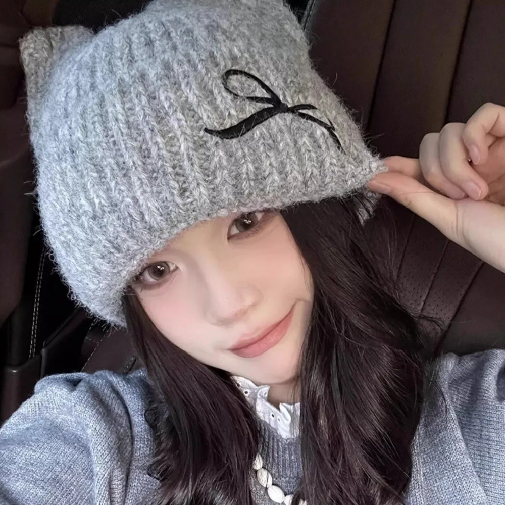 

Simple Solid Color Cat Ear Beanie Windproof Keep Warm Knitted Woolen Hat Thickened Korean Style Knitted Skullies Winter
