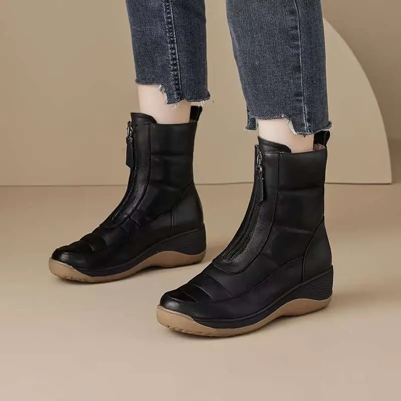 

Осенне-зимние кожаные ботинки на молнии на флисовой подкладке, непромокаемые зимние ботинки с круглым носком для женщин, шикарная и элегантная женская обувь