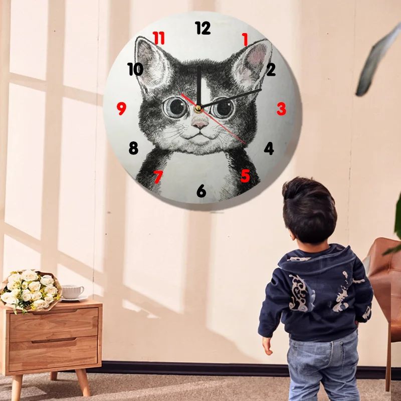 Yuko Higuchi Cat Wall Clock Hand-painted Quartz Hanging Clock Silent Wall Decor Original Design Animal Painting for Home Decor