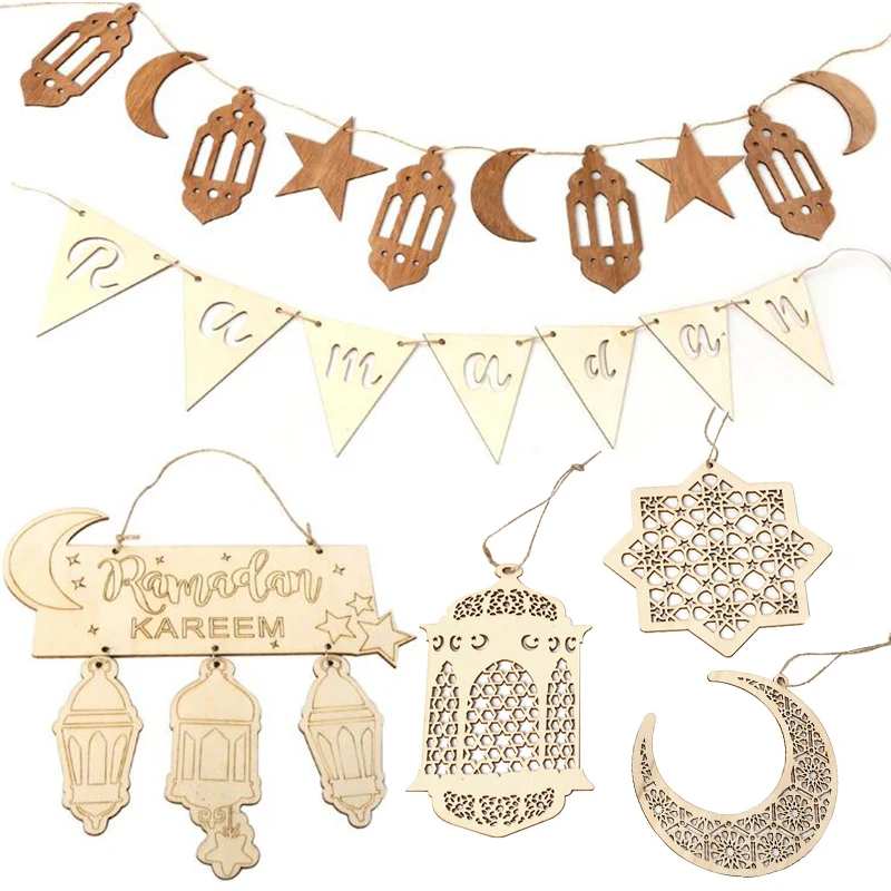 Wooden Pendant Ornament Ramadan Kareem Hollow Decoration Moon Star Shape Pendant Happy Eid Mubarak Hanging Sign Islamic Muslim