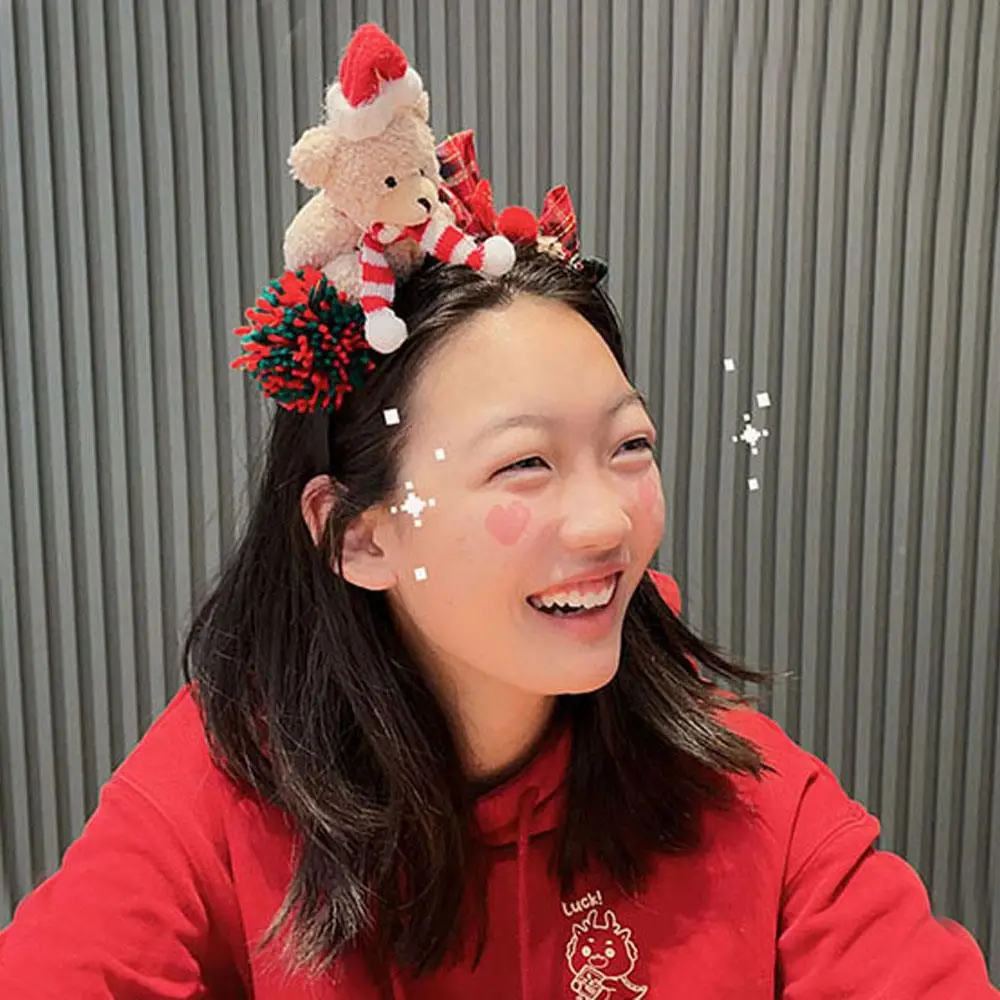 

Christmas Little Bear Headband Cartoon Hair Accessories Festive Party Decor Hairband Knitted Ball Plaid Bow Fashion Headpiece