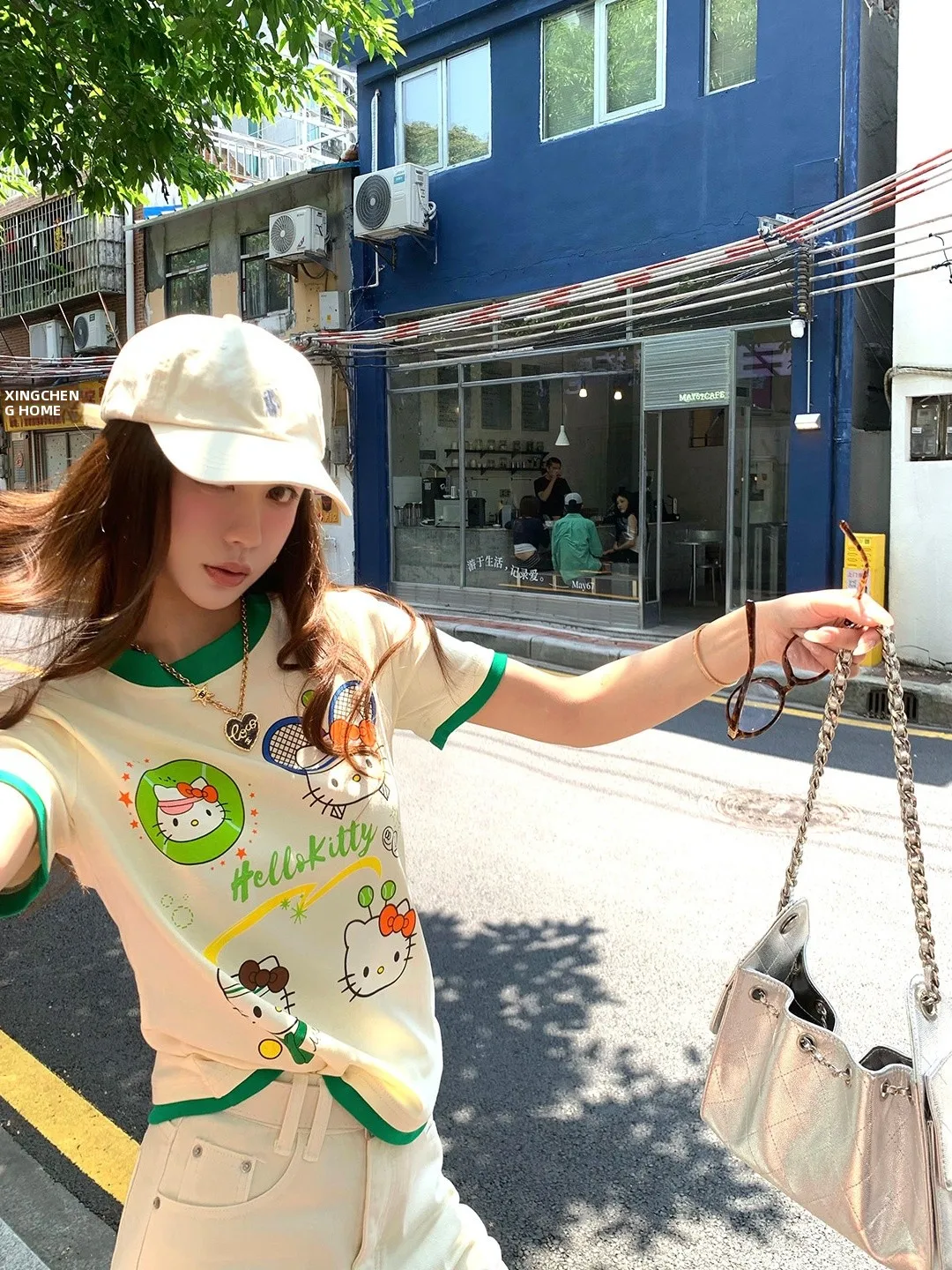 

Xuekeke Apricot Green Kitty Tennis Patchwork Short Sleeve Women's T-shirt Summer Color Collision Design Slimming Top