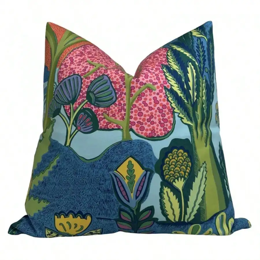 Albero Floral Pillow Cover In Blue, Designer Decorative Pillows Case,Bold Tropical Jungle Exotic Floral Block Print Decor Throw Pillow Cover