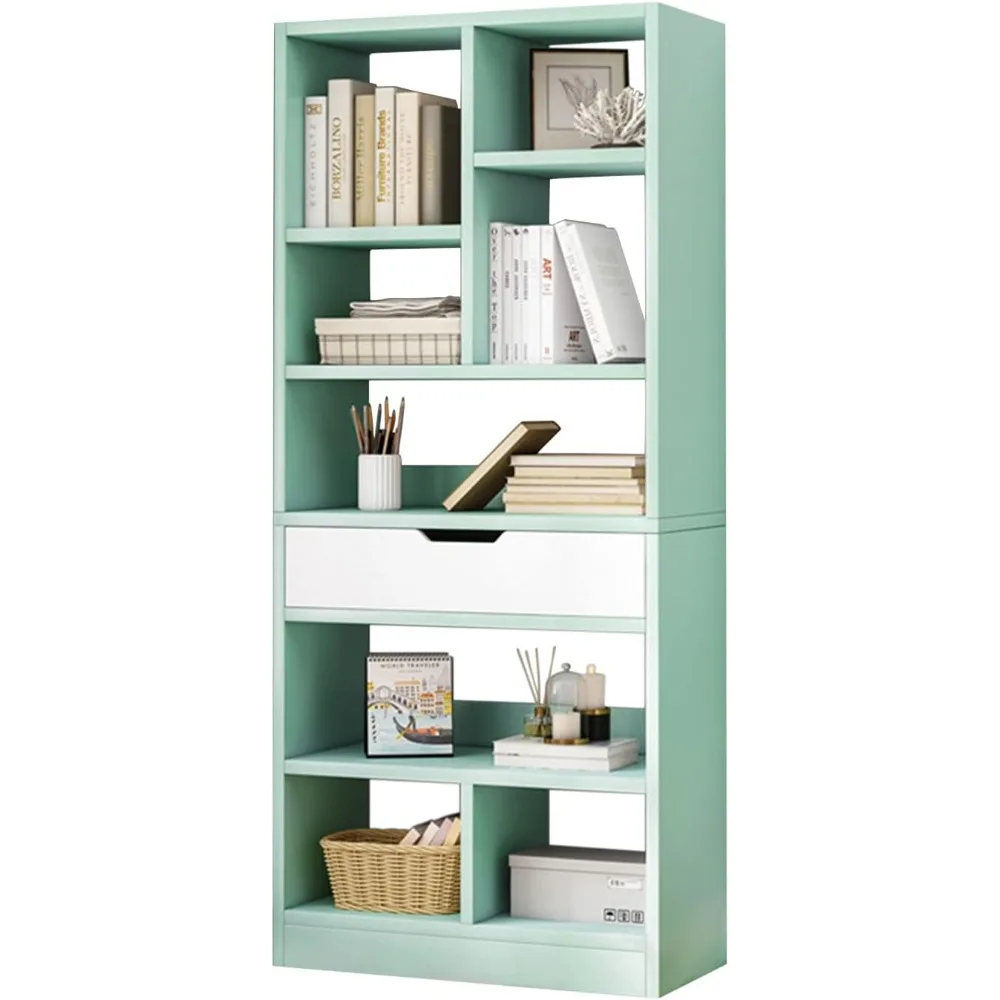 

Wooden Open Shelf Bookcase - 61 Inches Height Freestanding Display Storage Cabinet Organizer with 8 Cubes and a Drawer