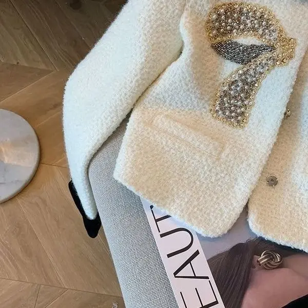 Autumn new color matching sequin inlaid diamond bow woolen short jacket  jacket  winter clothes women