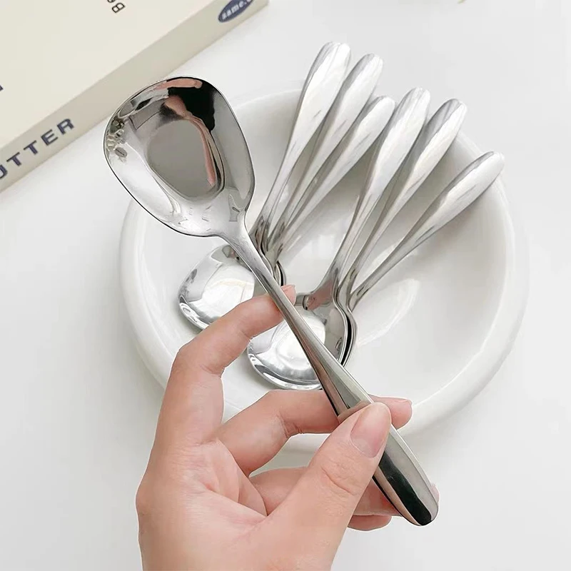 3 Size Stainless Steel Large Square Kitchen Spoon Flat-bottomed Rice Soup Ladle For Dessert Soup Spoon Tea Spoon