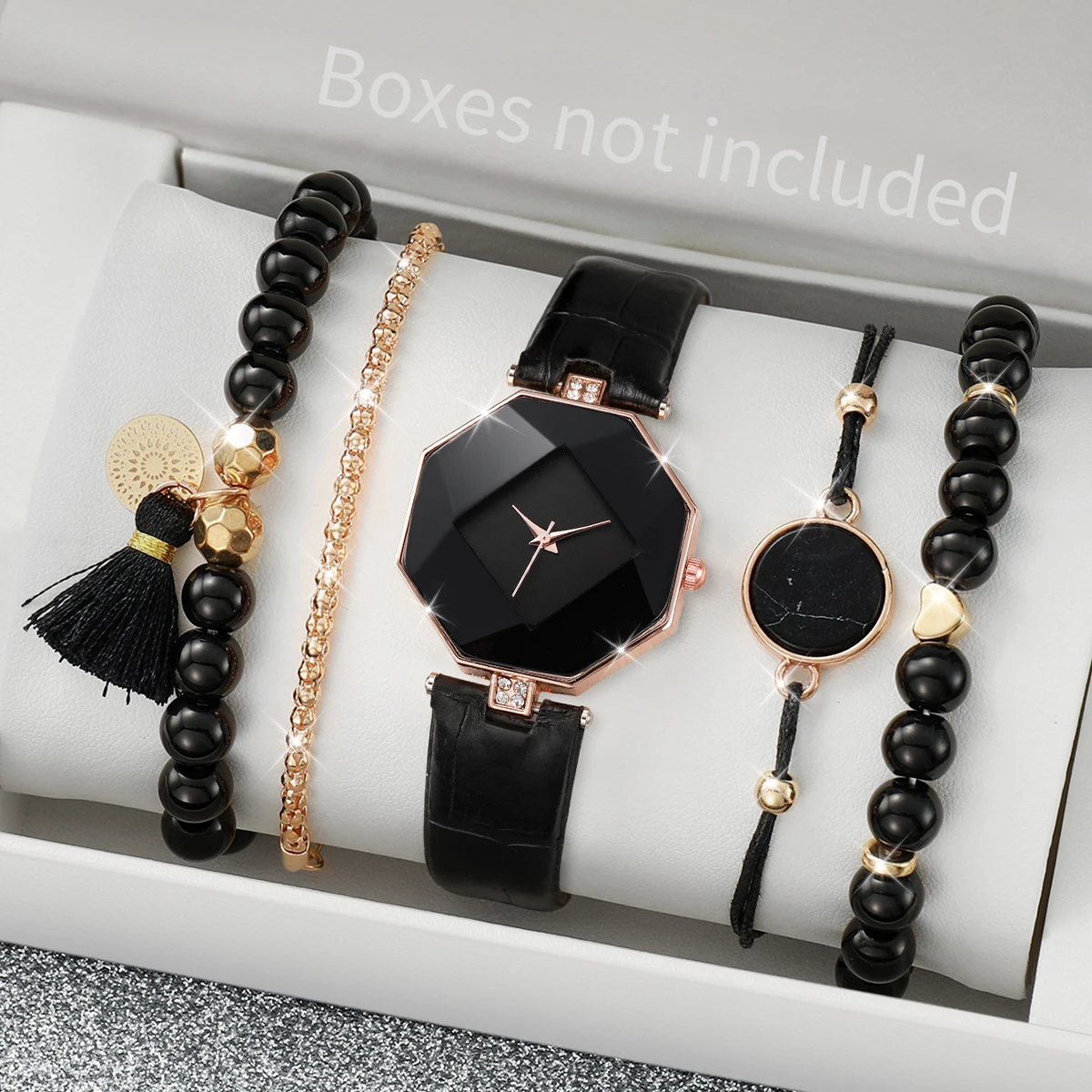 5PCS/Set Fashion Rhinestone Women Watches Black Turquoise Bracelet Set Casual Leather Band Quartz Watch（Without Box）