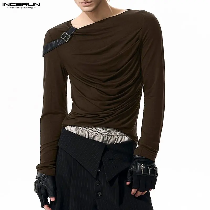 INCERUN Men T Shirt Patchwork O-neck Long Sleeve Pleated Casual Male Tee Tops Streetwear Fashion Leisure Men Clothing S-5XL