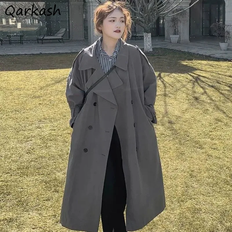 Trench Women Solid Over Knees Loose Double Breasted Vintage Korean Style Streetwear Spring Casual Windbreaker Femme Stylish New