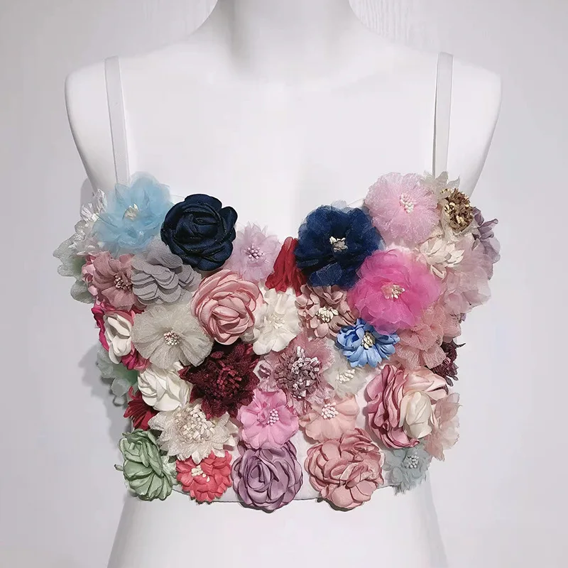 ZY Handmade Sweet Sleeveless 3D Floral Patchwork Multi Flower Camisole Sexy Tank Fashion Tide