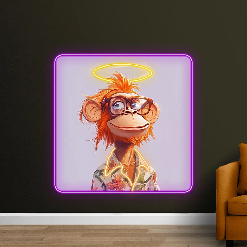 Toysign Happy Monkey with Halo Neon Sign - Fun LED Light Wall Art for Kids Room, Nursery Decor, Personalized Gift - Purple Frame