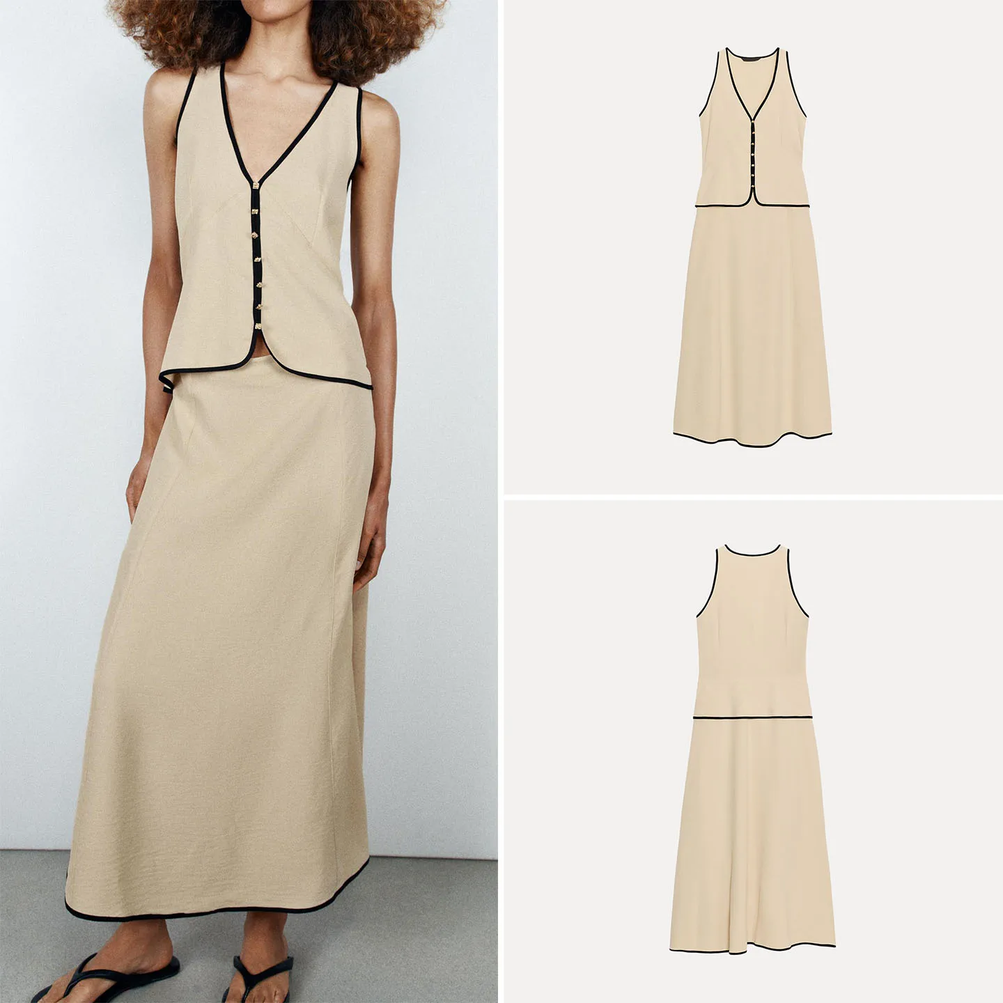 Women's Midi Dress 2026 Autumn Season Sleeveless V-Neck Color Block  Matching Style Ladies' Dress Daily Wear Other Materi...