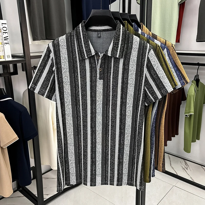 Herren Strukturierte Vertikal Gestreifte Kurzarm-Poloshirts Lässige Business-Oberteile Atmungsaktiv Knitterfrei Sommerkleidung – Detail 19