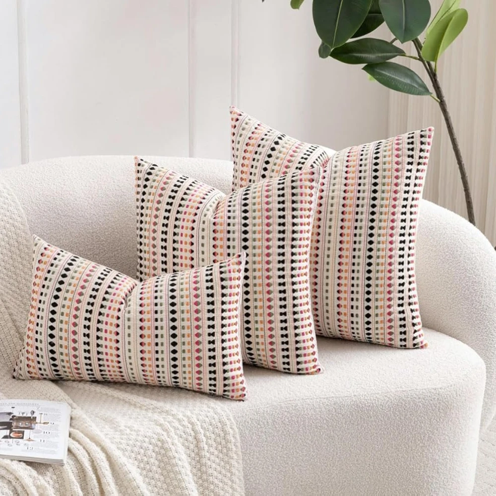 Colourful Striped Throw Pillow Cover, Neutral Cotton Textured Cushion Case for Farmhouse Decor, Couch Bed Living Room