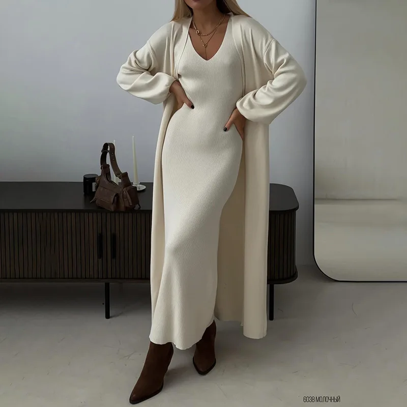 Sexy Sleeveless V-neck Knitted Maxi Dress Solid Long Sweater Coat 2024 Autumn White Sweater 2 Piece Set Street Style Outfit