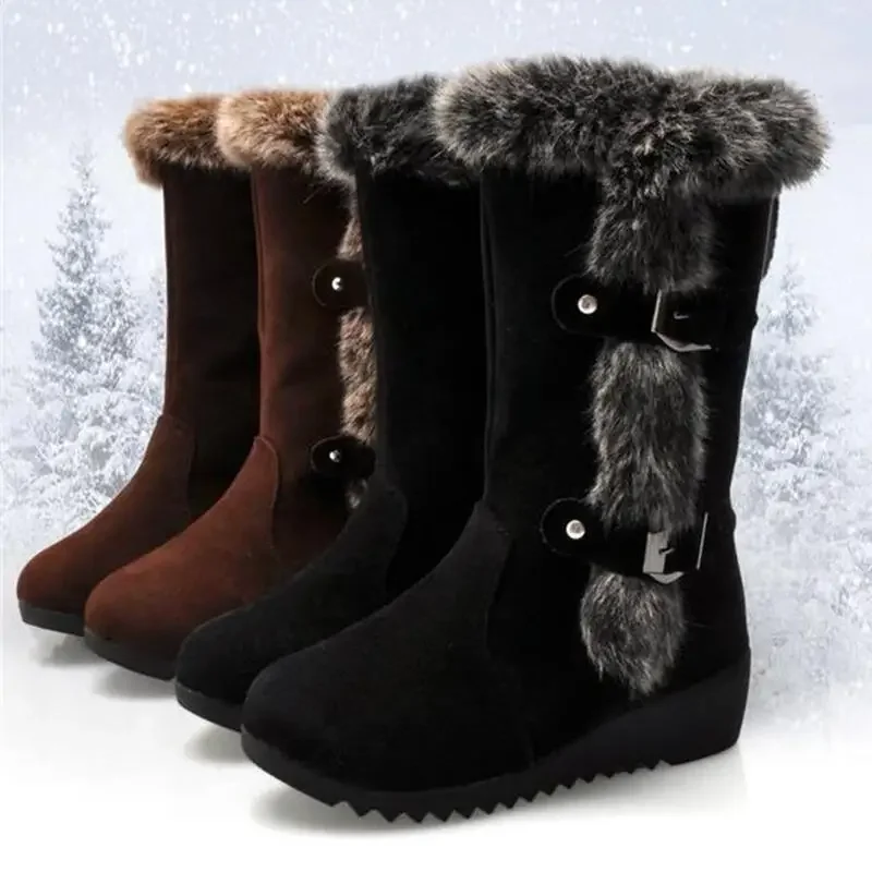 

New Winter Women Boots Casual Warm Fur Mid-Calf Boots Shoes Women Slip-On Round Toe Wedges Snow Boots Shoes Muje Plus Size 42