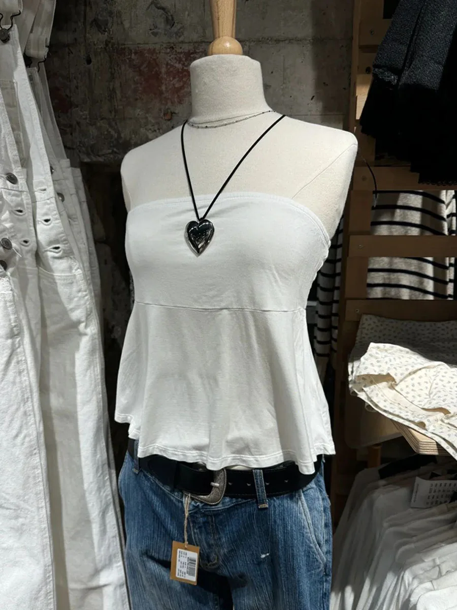 Haut court sans bretelles pour femme, plis, coton doux, blanc, simple, décontracté, vintage, streetw