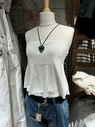 Folds Strapless Tank Top for Woman Summer Soft Cotton White Simple Crop Tops Female Casual Vintage Streetwear Sweet Cropped Vest