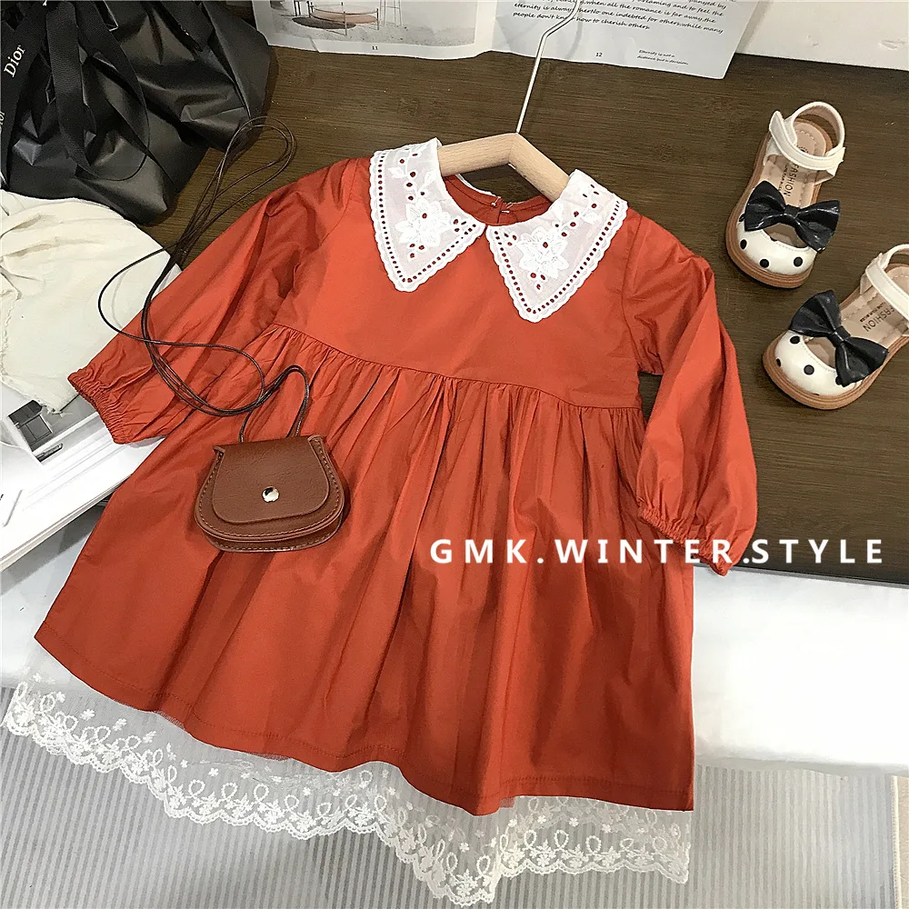 Girls Fashion Lace Collar Solid Color Dress Spring and Autumn New Baby Girls Long Sleeve Embroidered Princess Khaki Dress