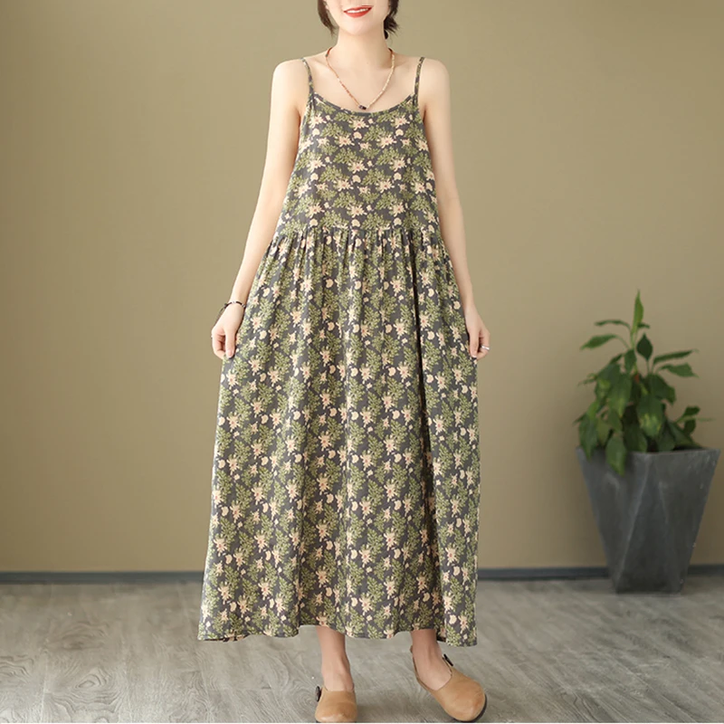 

Summer Fashion Women's Floral Print Vintage Sleeveless A-line Suspender Dress Female Loose Casual Ankle Length Streetwear Frocks