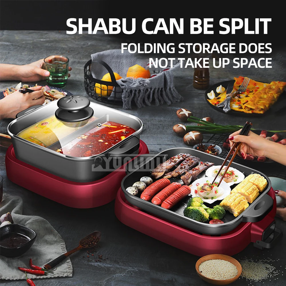 

2 in 1 Electric Grilling Plate Portable Hot Pot BBQ Grill 1500W Folding Barbecue Machine