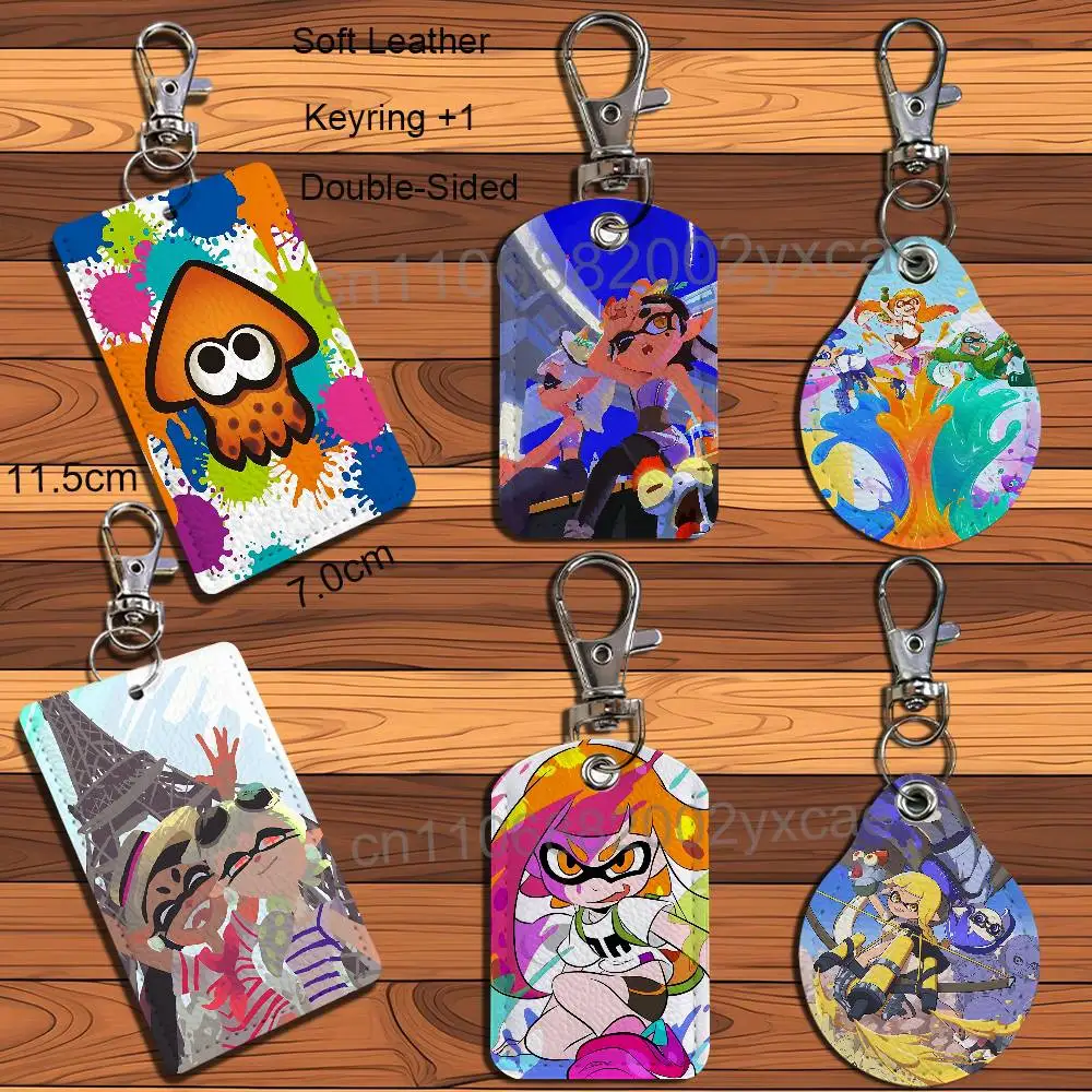

Doodle game Splatoon Raiders Rectangle ID Card Case Keychain Access Card Bag Key Tag Ring Leather Card Holder Key Ring Access