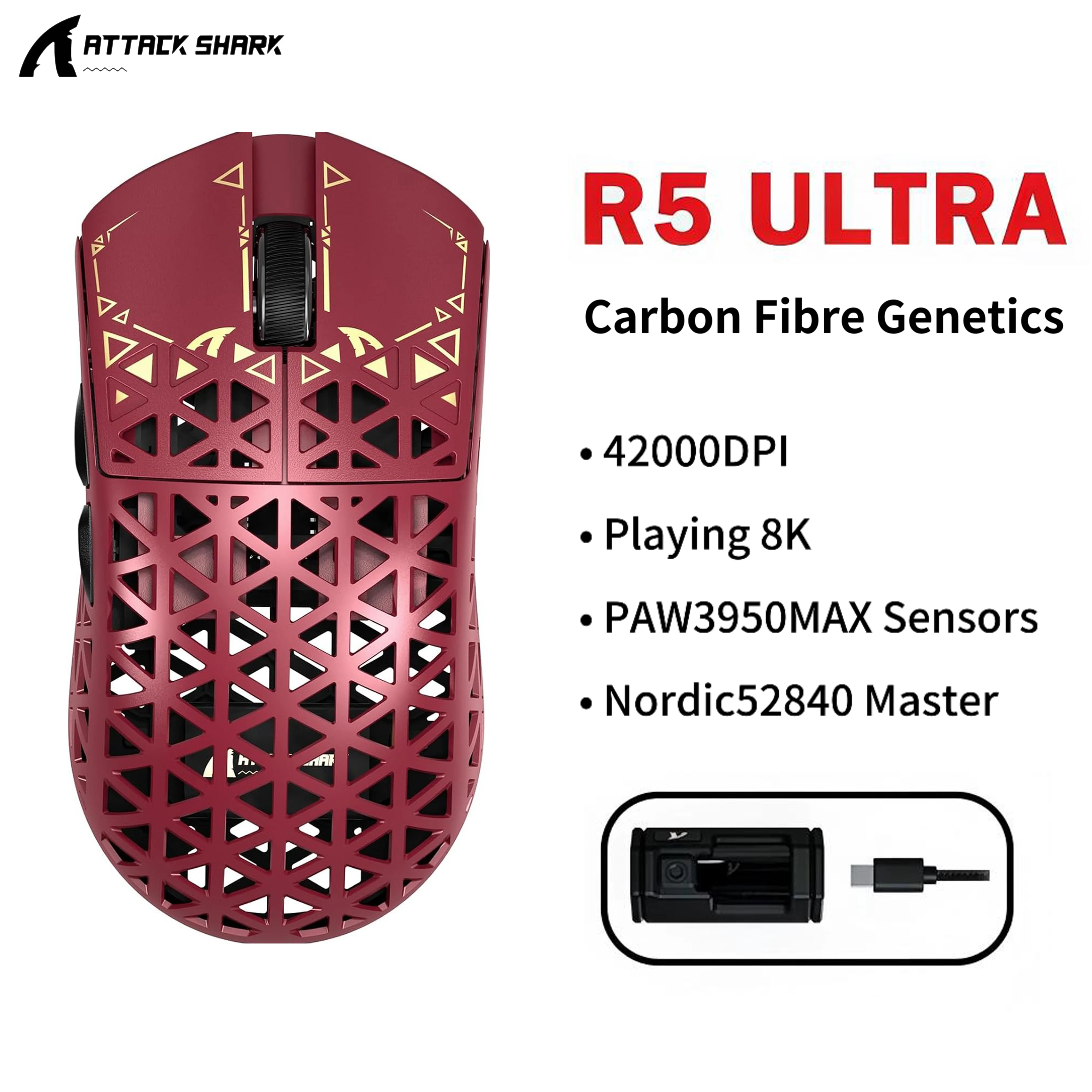 ATTACK SHARK R5 ULTRA Wireless Gaming Mouse AW3950MAX 42000DPI 8K Polling Tri-Mode Lightweight for FPS MOBA PC Gamer