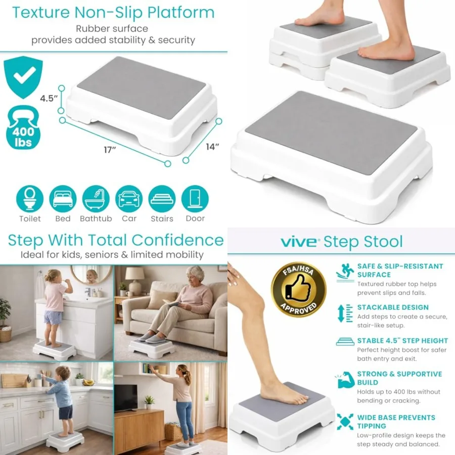 

Bath Step Stool 4.5" - Slip Resistant, Stackable, Indoor/Outdoor - Safety Stepping Stool Bathroom Aid for Adults, Handicap, Eld