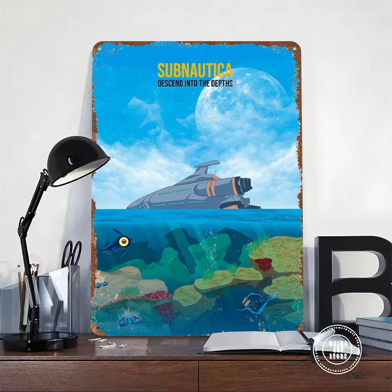 Subnautica Descend Into the Depths Tin Poster Customized Wall Art Retro Vintage Metal Signs for Fans Room Home Decoration Luxury